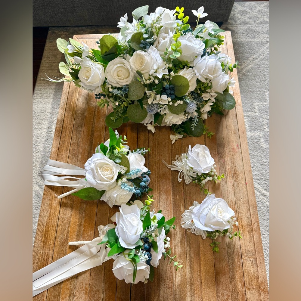 Handmade Bridal Bouquet Dusty Blue, White and Greenary Florals